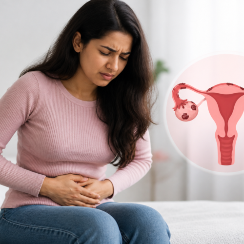 Woman experiencing pelvic pain with illustration of uterus showing endometriosis.
