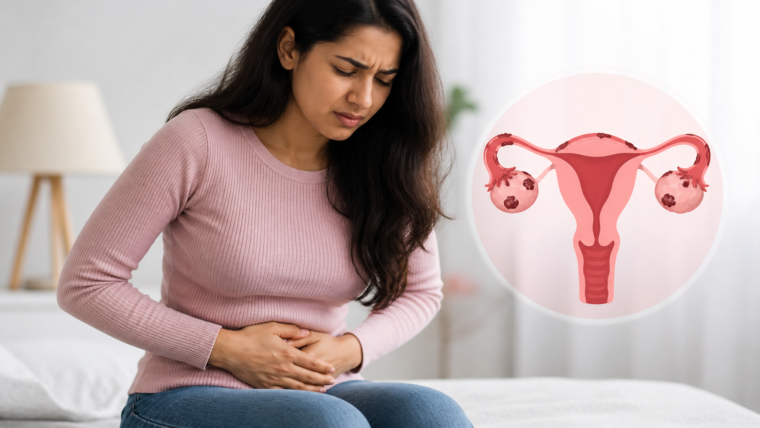 Woman experiencing pelvic pain with illustration of uterus showing endometriosis.