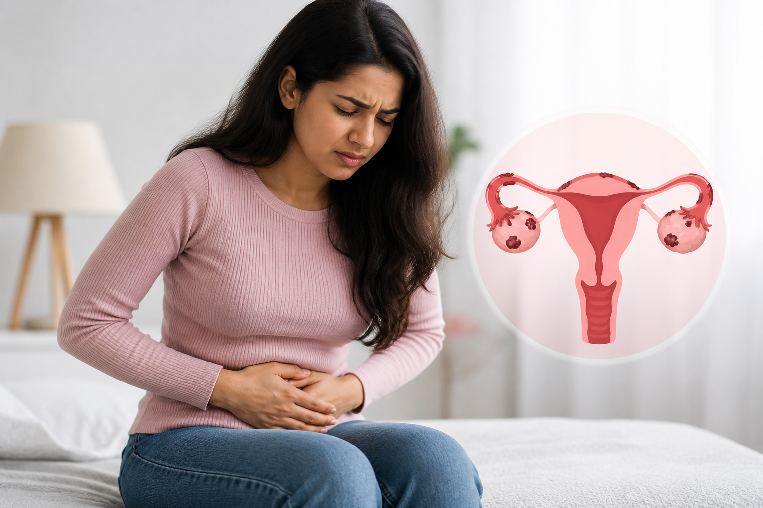 Woman experiencing pelvic pain with illustration of uterus showing endometriosis.