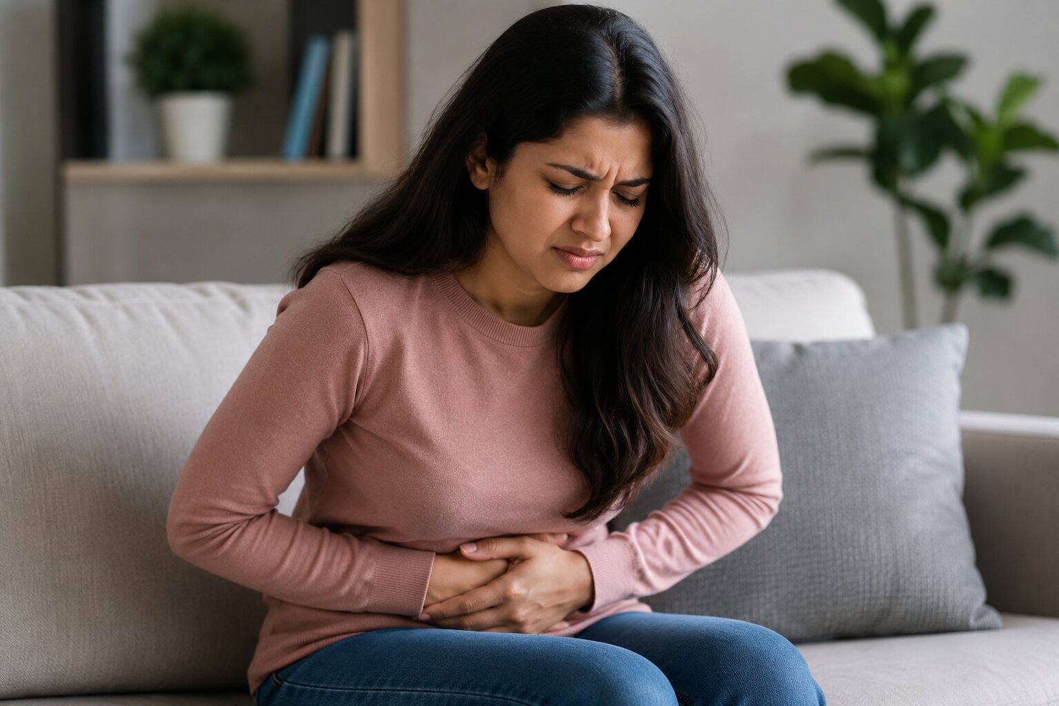 Woman with stomach pain.