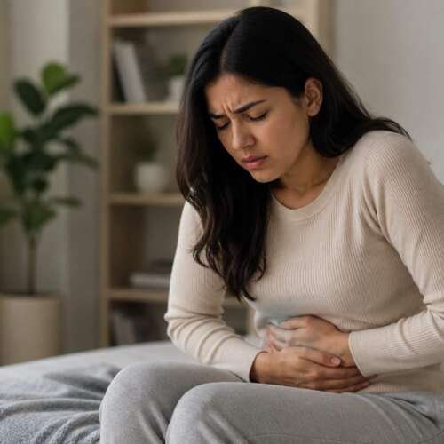 Woman experiencing abdominal pain.