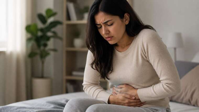 Woman experiencing abdominal pain.