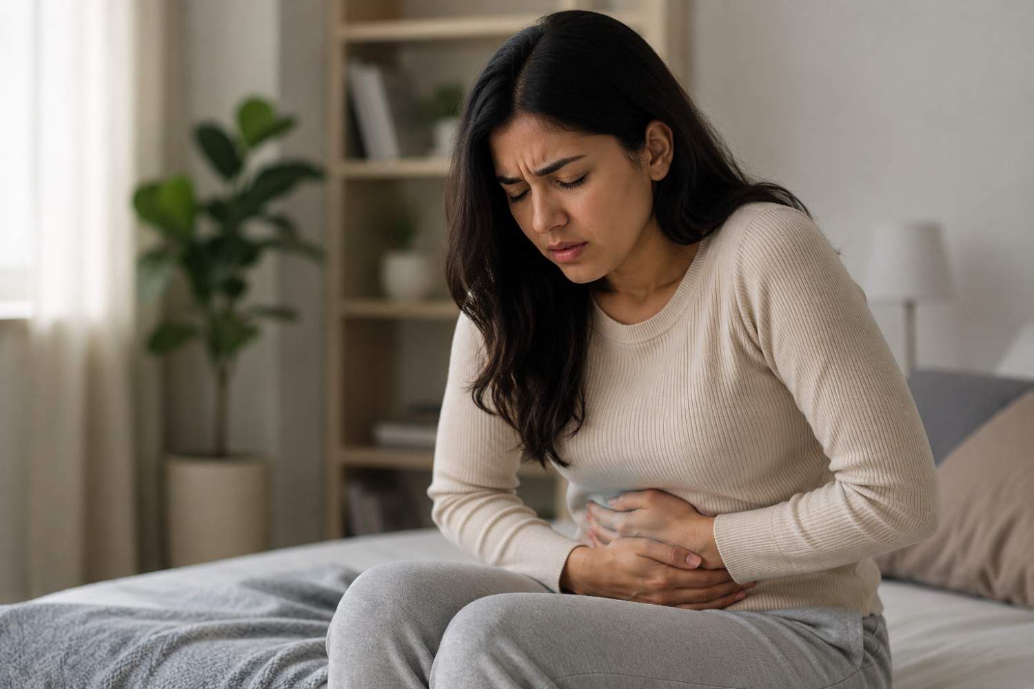 Woman experiencing abdominal pain.